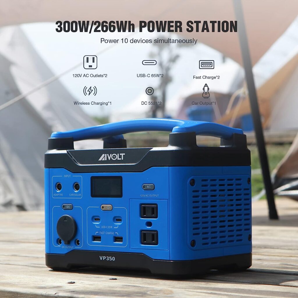 AIVOLT Portable Power Station 300W/266Wh Mini Solar Powered Generator, Backup Lithium Battery with LED Light 120V Pure Sine Wave AC Outlets(Surge 600W), USB-C Ports, Wireless Charging, for Outdoor Camping Emergency Home CPAP Backup