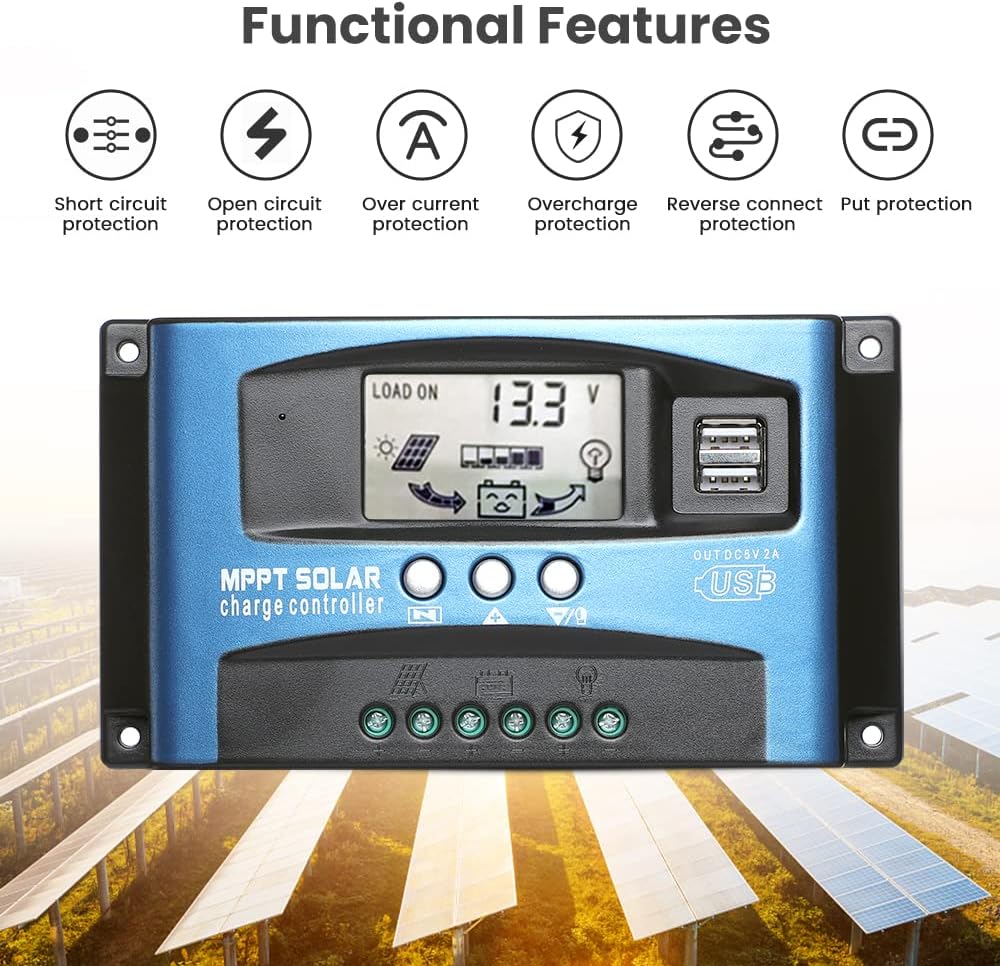 SUNYIMA 100A MPPT Solar Charge Controller with LCD Display Dual USB Multiple Load Control Modes,New Mppt Technical Maximum Charging Current (100A)