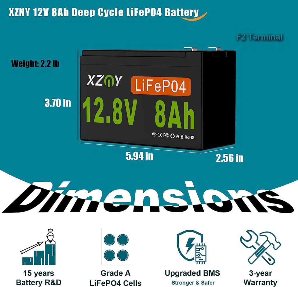 XZNY 12V 8Ah LiFePO4 Lithium Battery, 5000+ Cycles 12V Deep Cycle LiFePO4 Battery Built-in 10A BMS, Perfect for Ride on Toys, Scooters, Fish Finders, Small Ups Backup, Solar System etc