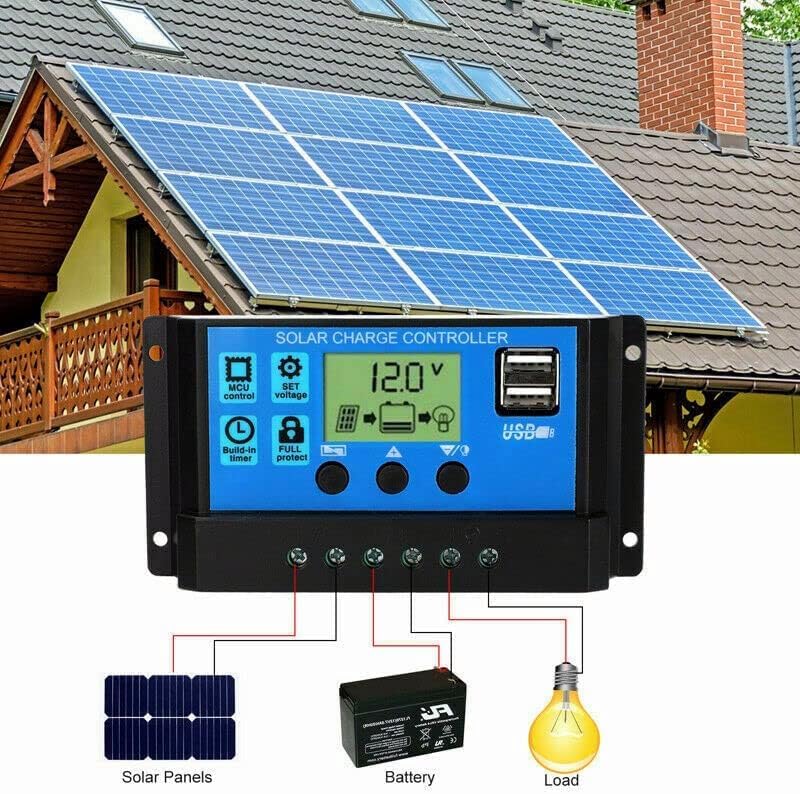 100A Solar Charge Controller with Dual USB Port 12V/24V, Multi-Function LCD Display Street Light Controller (Blue)