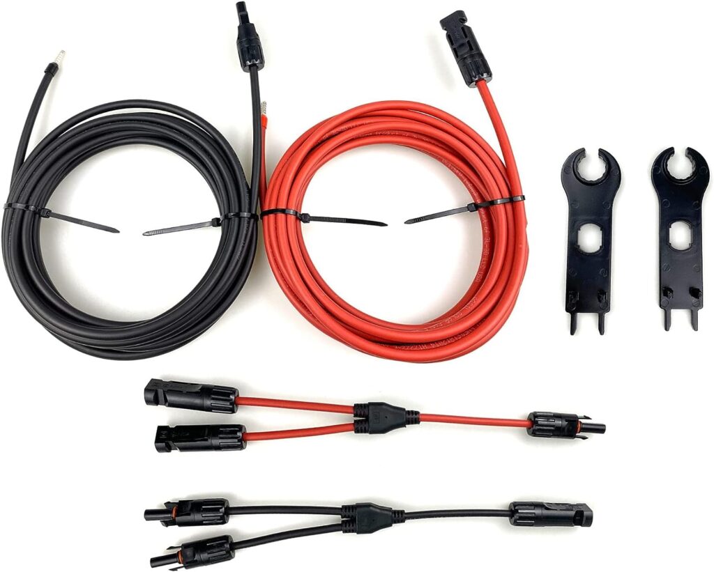 Assil 10 Gauge Solar Extension cable 3in1 Combo Kit. 20 Feet Red/20 Feet Black Wire Cable, Y Branch, Connector tool. Male/Female Solar Panel Connector