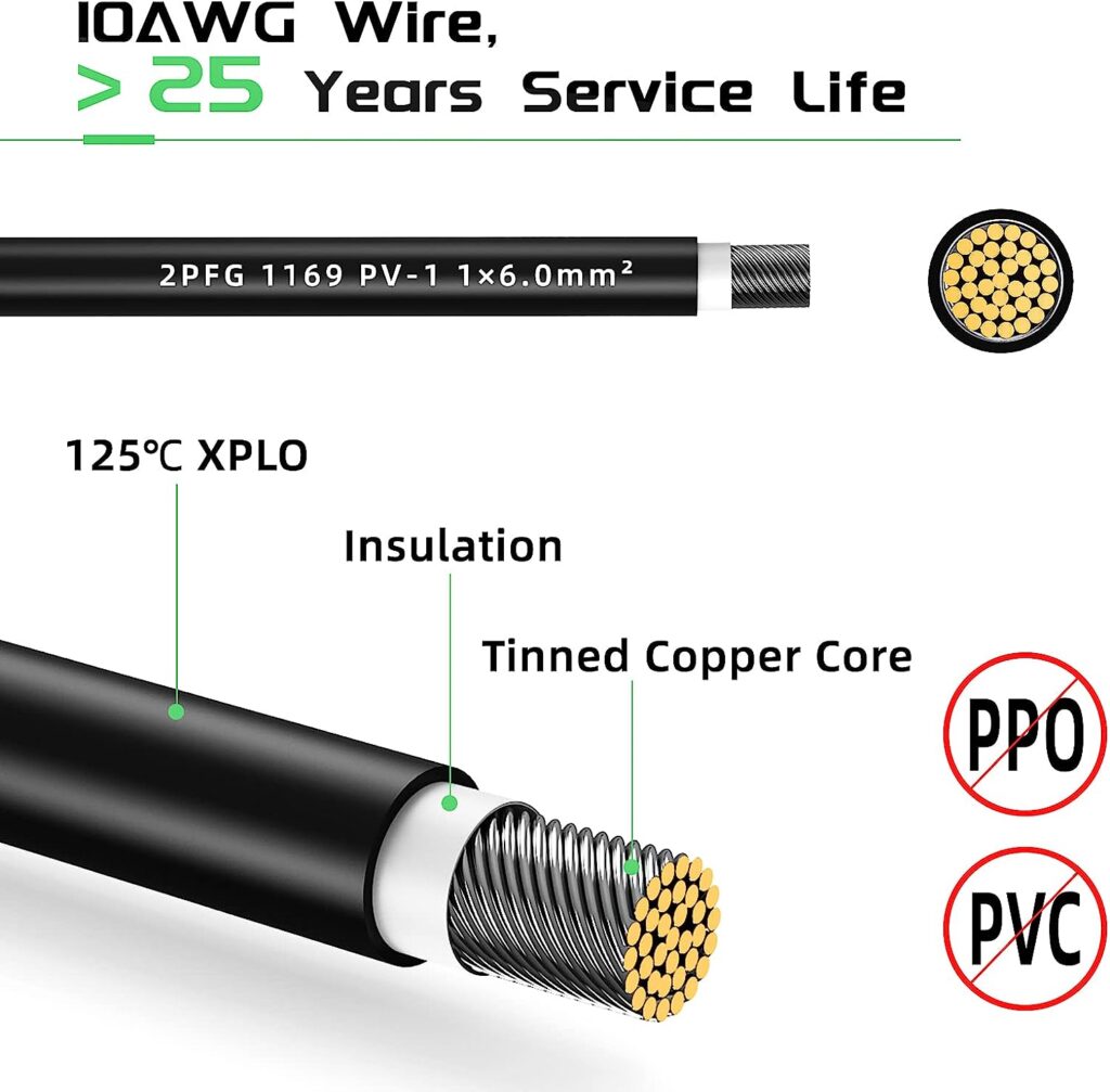 Bateria Power Solar Panel Cable 100FT Solar Extension Cable, 10AWG (6mmÂ²) Tinned Copper Wire for Outdoor Automotive RV Boat Marine Solar Panel- Black (10AWG 100FT)