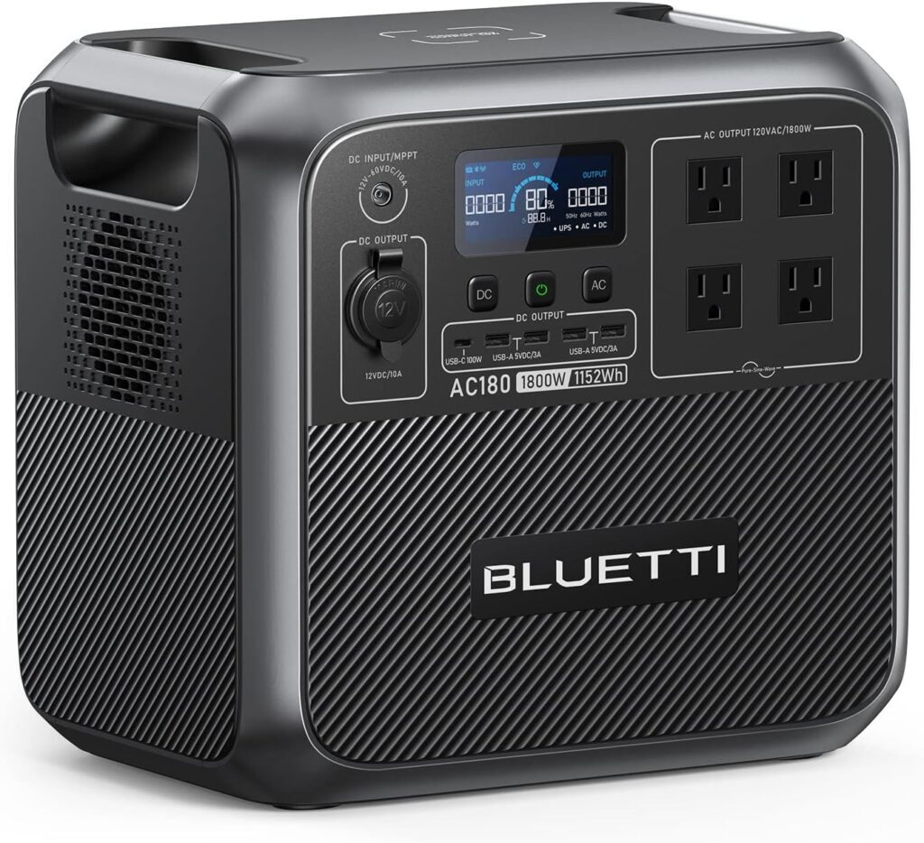 BLUETTI Portable Power Station AC180, 1152Wh LiFePO4 Battery Backup w/ 2 1800W (2700W peak) AC Outlets, 0-80% in 45Min, Solar Generator for Camping, Off-grid, Power Outage