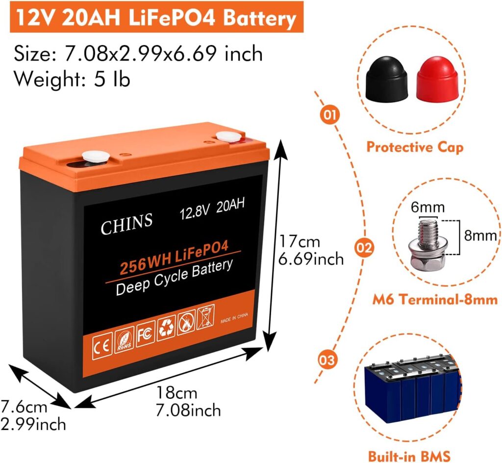CHINS 12V LiFePO4 Battery 8AH, 2000+ Deep Cycles Battery 12V and BMS Protection, Perfect for Solar Power, Small UPS, Power Wheels, Gate Opener, Fish Finder Outdoor Camping, Kids Car