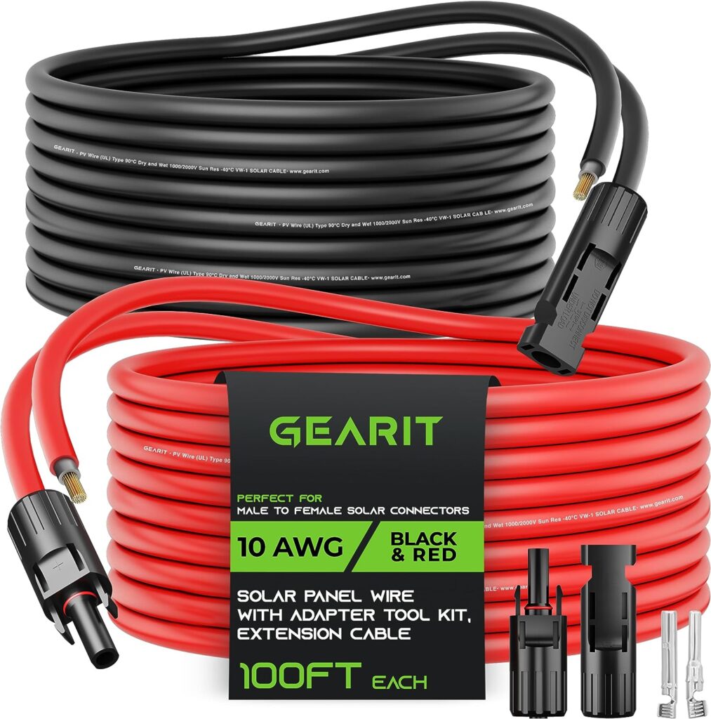 GearIT 10AWG Solar Extension Cable (100FT Black - 100Ft Red) Male to Female Solar Connectors with Adapter Tool Kit, Solar Panel Renewable Energy, 10 Gauge Pure Copper Extension Cord, 100 Feet