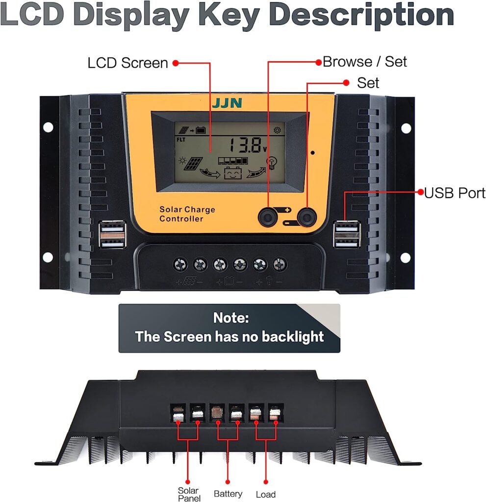 JJN 30A Solar Charge Controller 12V/24V/36V/48V Solar Panel Regulator with Adjustable LCD Display Dual USB Port Timer Setting PWM Auto Parameter