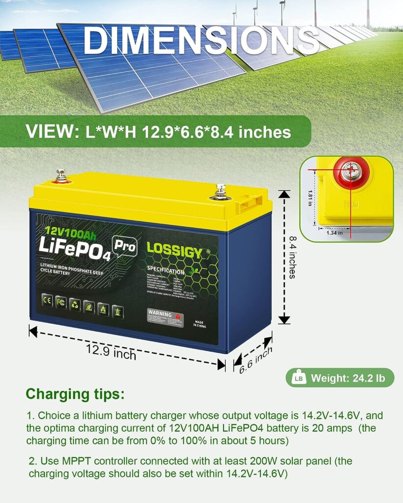 LOSSIGY 12V 100Ah LiFePO4 Battery, Deep Cycle Lithium with 1280Wh Power Supply, Perfect for Trolling Motor, Marine, RV, Solar System