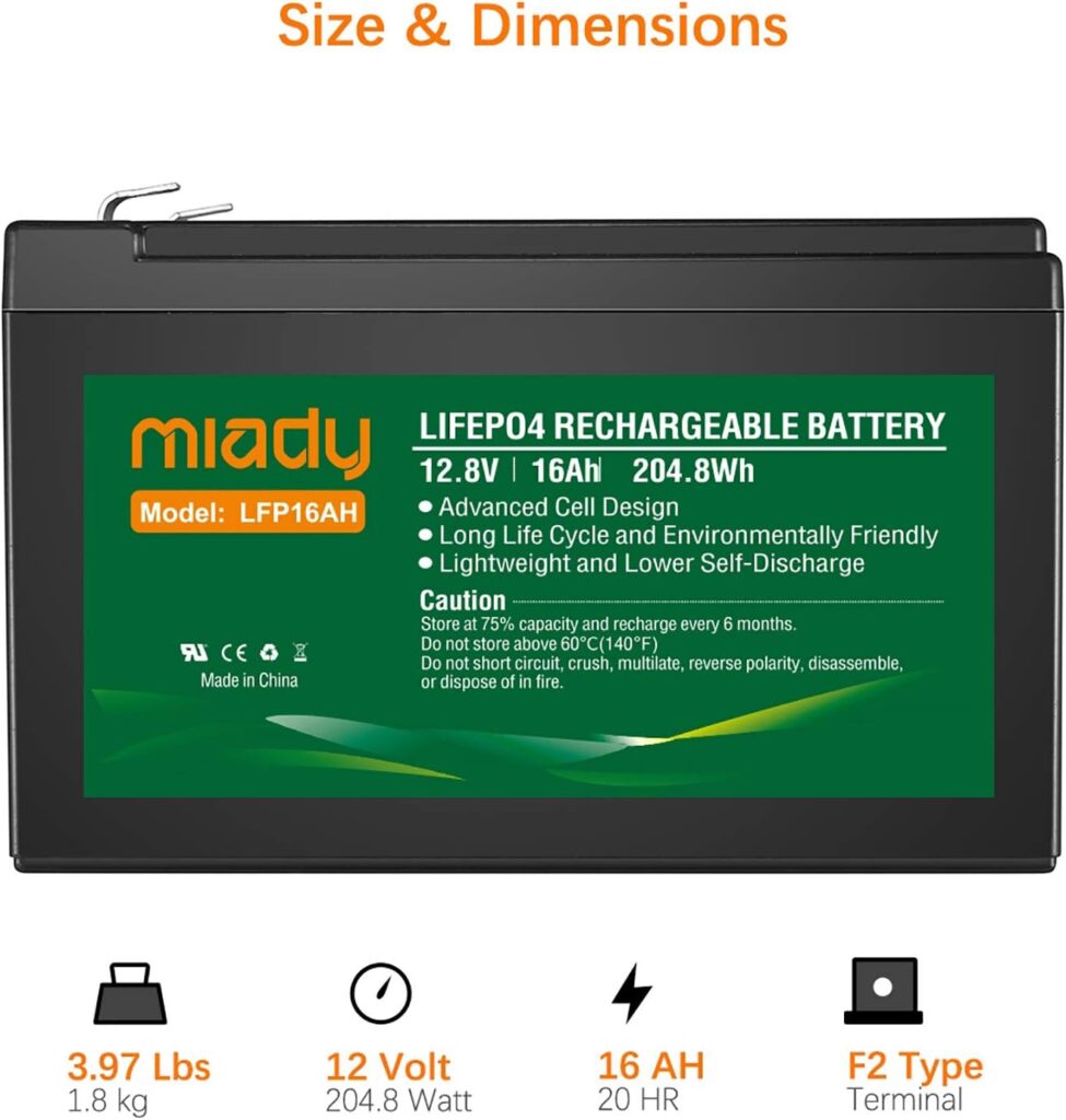 Miady 12V 16Ah Deep Cycle LiFePO4 Battery, 2000 Cycles LFP16AH Rechargeable Battery, Maintenance-Free Battery for Golf Cart, Boat, Solar System, UPS etc