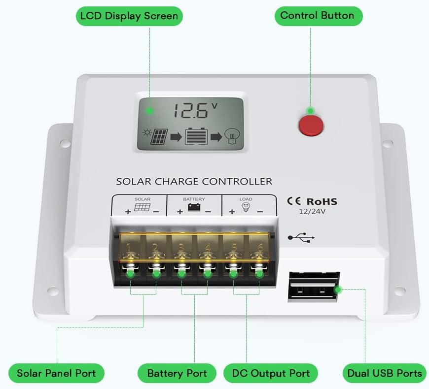 Solar Charge Controller 10A, Bateria Power 12V/24V PWM Solar Controller with LCD Display Dual USB Multiple Load Control Modes for AGM, Gel, Flooded and Lithium Battery, Used in RVs, Boats, Yachts