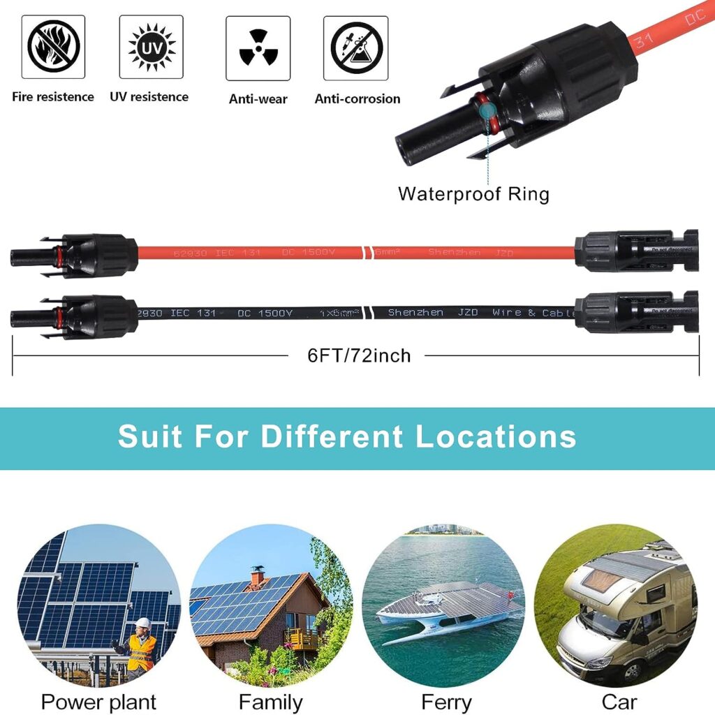 Solar Panel Extension Cable 6FT - 6Feet 10AWG(6mm²) Solar Extension Cable Wire with Female and Male Connector,10Gauge 6FT Black  6FT Red Solar Panel Wiring for RV Solar Panels, Home, Boat