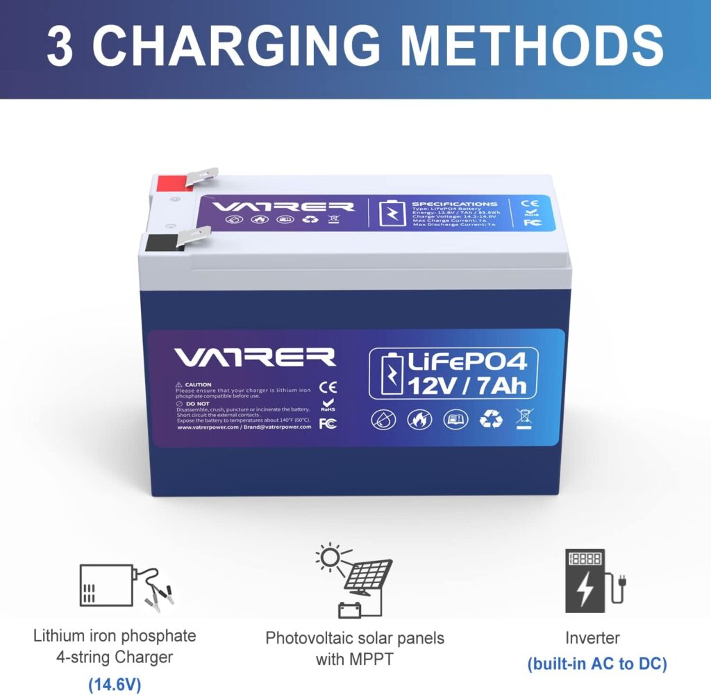 VATRER POWER 12V 7AH LiFePO4 Battery Deep Cycle Lithium Battery, Built-in BMS, 5000+ Cycles Rechargeable Battery, Perfect for Solar System, UPS and More
