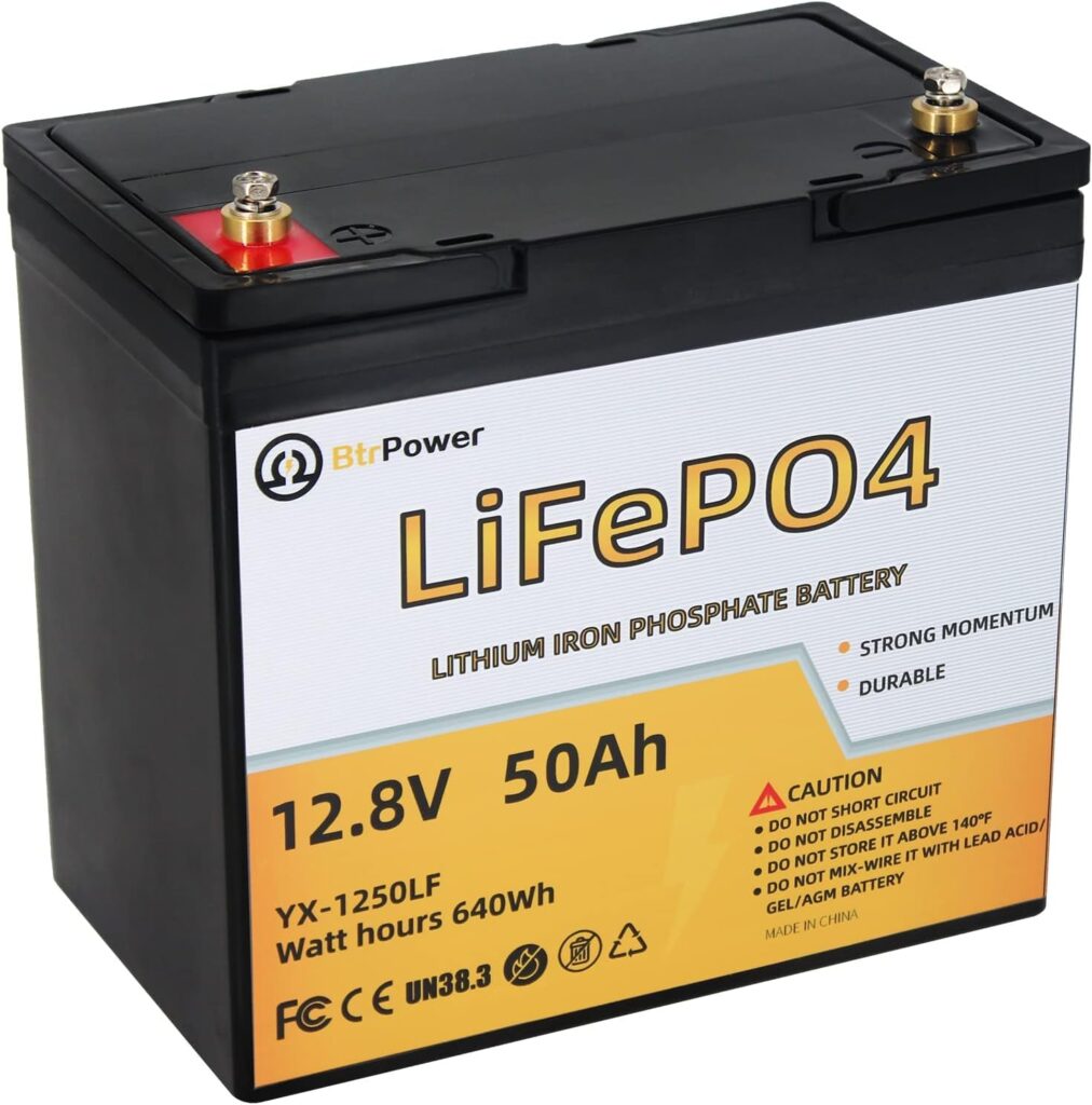 12V 50AH Lithium Battery, 5000+ Cycles Deep Cycle LiFePO4 Battery with Built-in 50A BMS fit for RV, Home Storage,Trolling Motor,Off-Grid System,Solar Power System,Marine, black, 8.98x5.43x8.27INCH