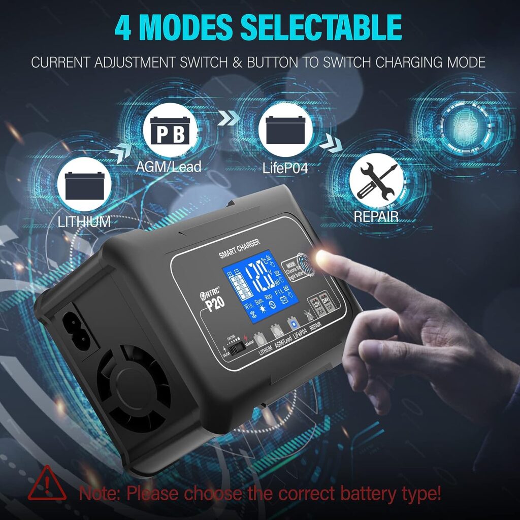 20-Amp Smart Battery Charger LiFePO4 Lithium, Lead-Acid(AGM/Gel/SLA) Car Battery Charger,Trickle Charger, Maintainer/deep Cycle Charger 12V/20A 24V/10A, Maintainer for Car, Marine, Motorcycle