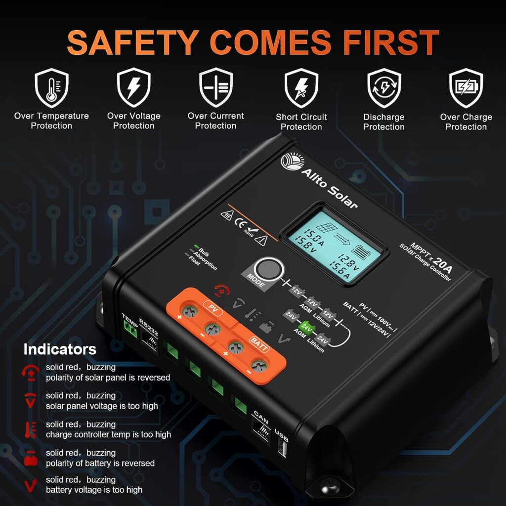 Allto Solar 20Amp 12V/24V MPPT Solar Charge Controller Backlit LCD Display 20A Solar Panel Regulator with Temp Sensor + Optional Remote Meter for 12/24 Volt AGM Gel Sealed Flooded and Lithium Battery