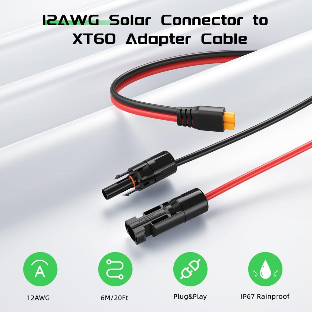 Bateria Power Solar to XT60 Charge Extension Cable 12AWG 20Ft Solar Connector to XT60 Adapter Cable for Solar Panel to LiFePO4 Battery RV Portable Power Station Solar Generator (20FT)