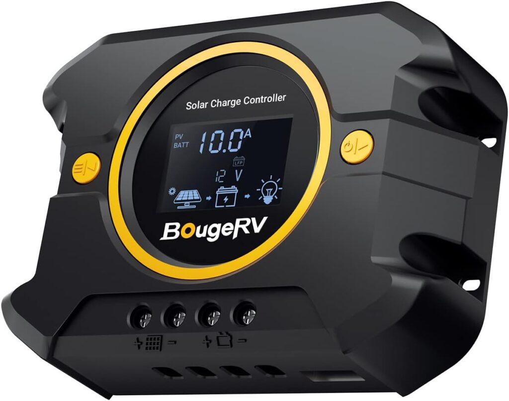 BougeRV Li 10A PWM Solar Charge Controller 12V 24V, with Backlit Display, USB Port, Negative Ground Battery Intelligent Regulator for Solar Panels Compatible with LFP, AGM, SLD, FLA, for RV, Off-Gird