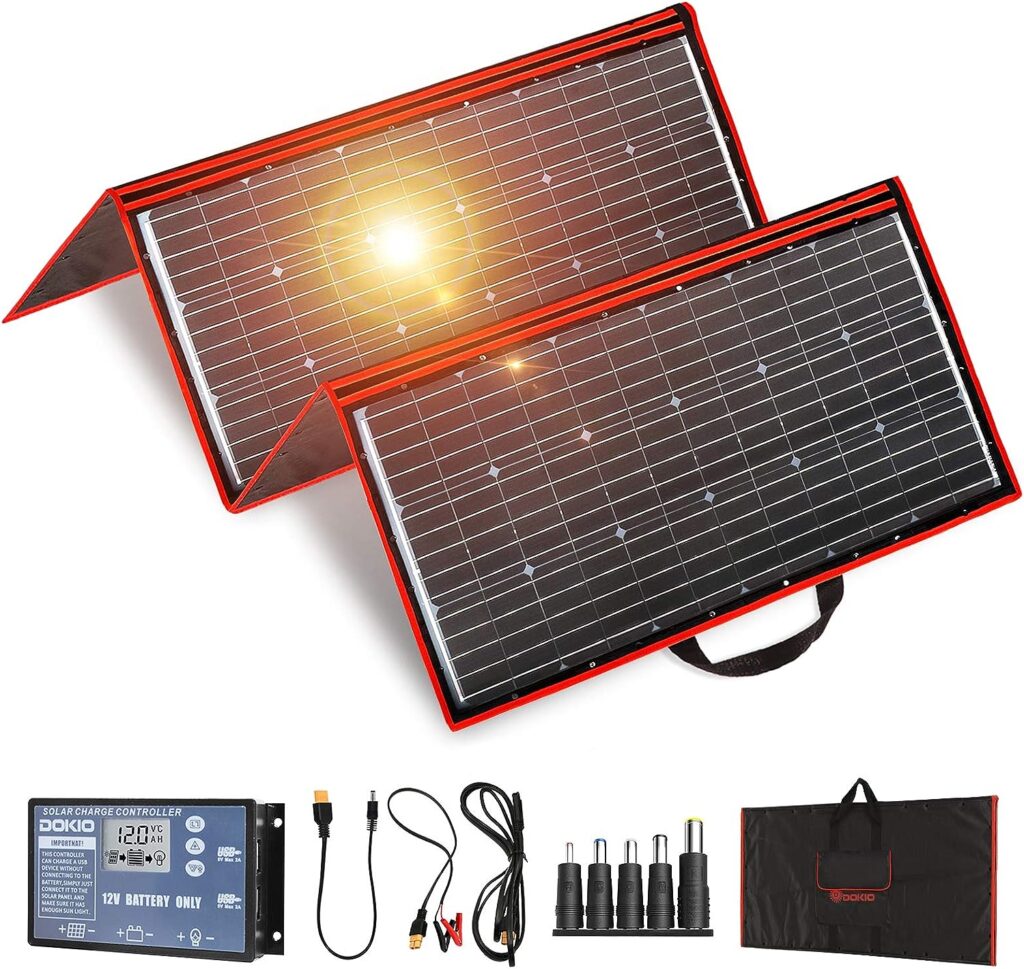 DOKIO 300W 18V Portable Solar Panel Kit Folding Solar Charger with 2 USB Outputs for 12v Batteries/Power Station AGM LiFePo4 RV Camping Trailer Car Marine