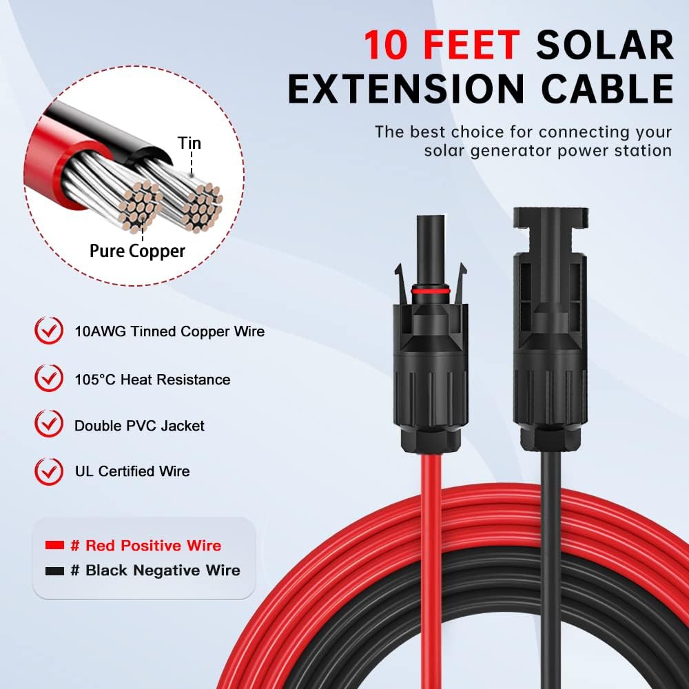 ELECTOP Solar Extension Cable Wire 10 Feet, 10AWG Solar Panel Cable with Weatherproof Female and Male Connector Adapter Kit for Solar Generator House Boat RV(10FT Red + 10FT Black)