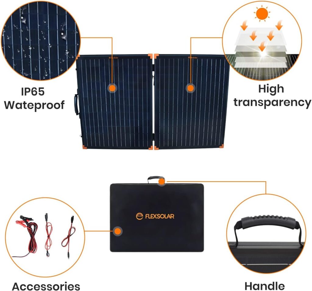 FlexSolar 100W Solar Panel Charger with 20A PWM Charger Controller, SAE 8mmDC Anderson Output IP65 Waterproof Foldable Suitcase with Kickstand Power Emergency for Battery Generator Power Station