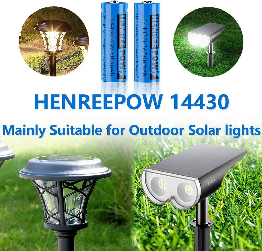 Henreepow 14430 3.2v Rechargeable Solar Batteries, 500mAh LiFePO4 Lithium Phosphate Battery for Outdoor Solar Garden Lights, Shaver, Flashlight, Toothbrush (4pack-Not AA Size)