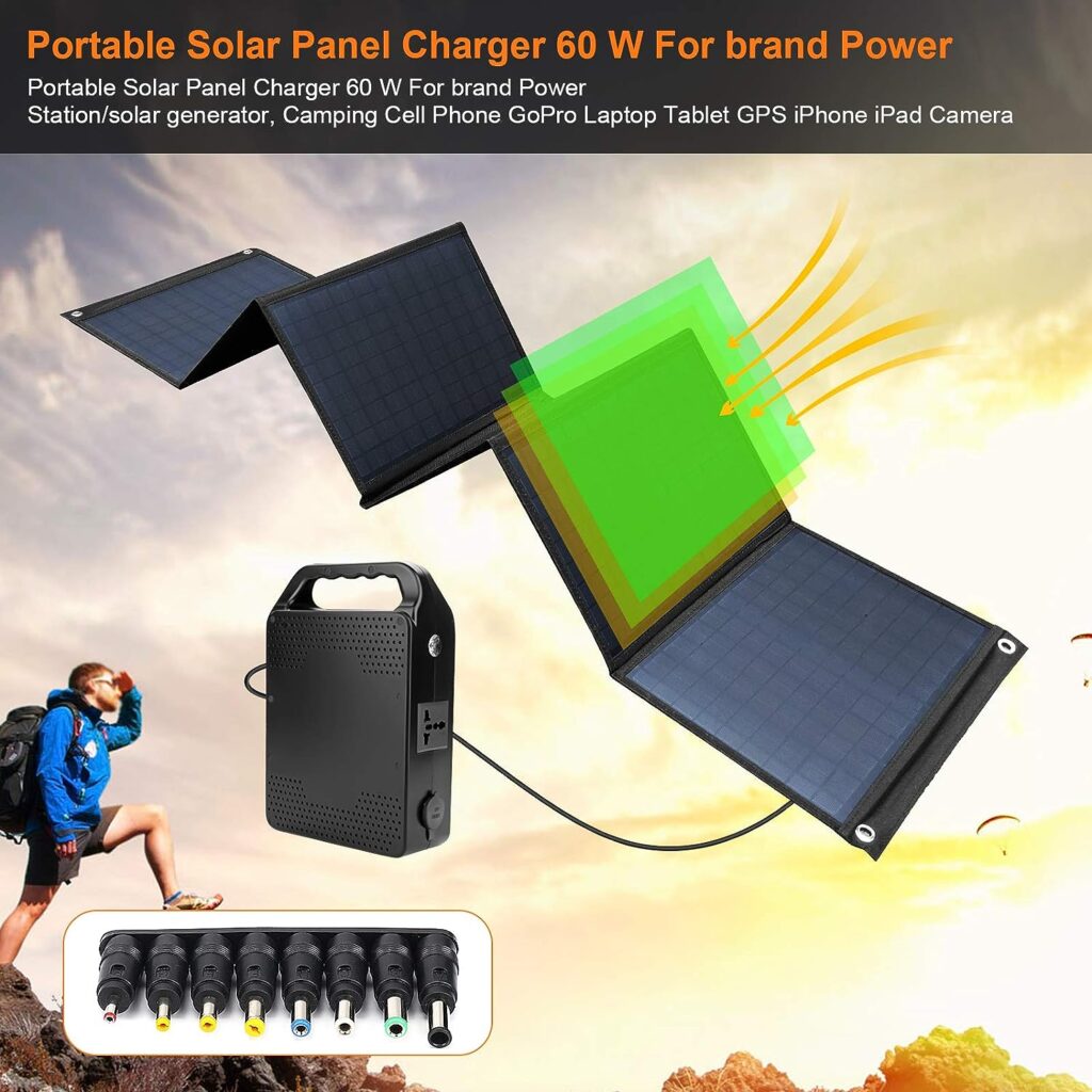 Keshoyal Foldable Solar Panel – 60W Portable Solar Panels with 5V USB and 18V DC for Camping,Cell Phone,Tablet and 5-18V Devices – Compatible with Solar Generators Power Stations
