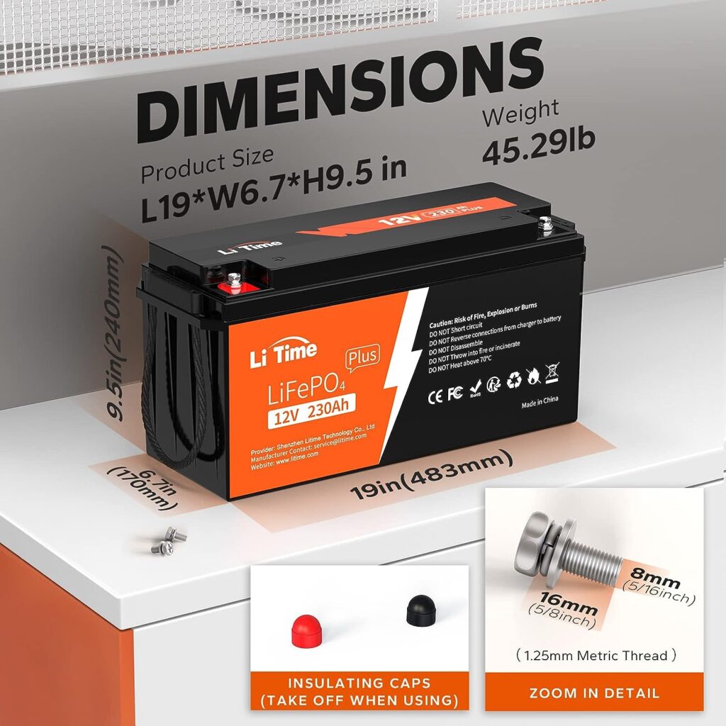 Litime 12V 230Ah Plus LiFePO4 Battery Built-in 200A BMS, Max 2944Wh Energy, Lithium Iron Phosphate Battery Perfect for Solar System, RV, Camping, Boat, Home Energy Storage