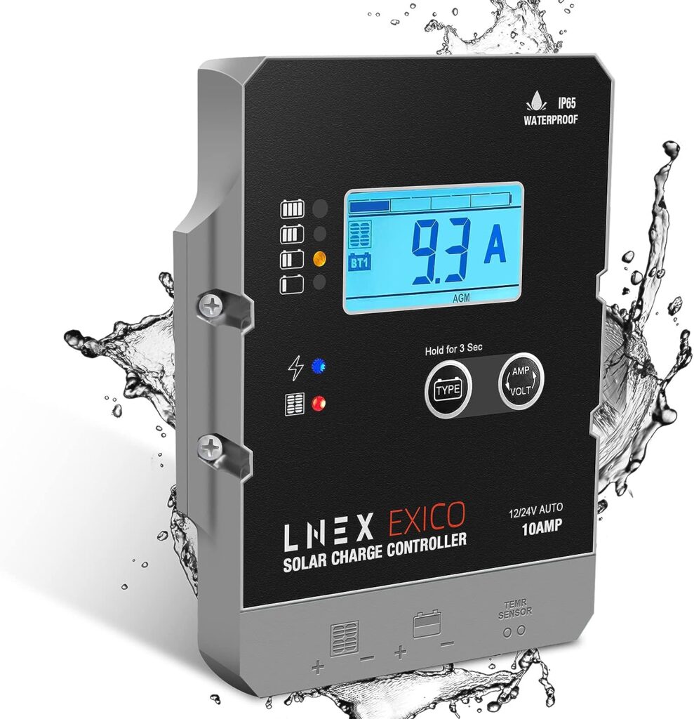 LNEX Solar Charge Controller Waterproof, 10A Super Thin Solar Panel Battery Intelligent Regulator with LCD Display 12V/24V PWM Solar Controller for LiFePO4,AGM, Gel, Flooded and Lithium Battery