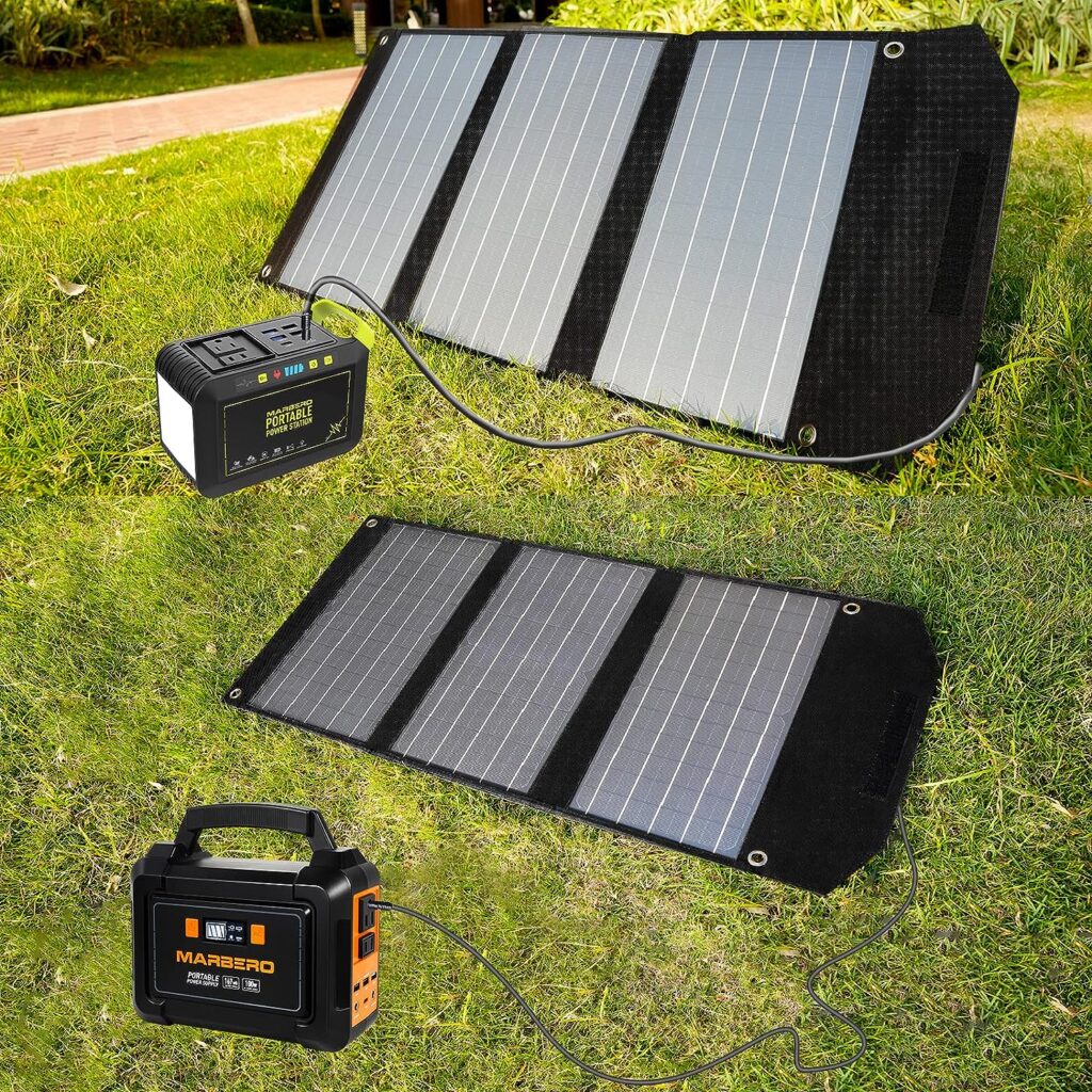 MARBERO 30W Portable Solar Panels, Foldable Solar Panel Battery Charger for Portable Power Station Generator, Ipad, Laptop, QC3.0 USB Ports  DC Output, for Camping Van RV Trip