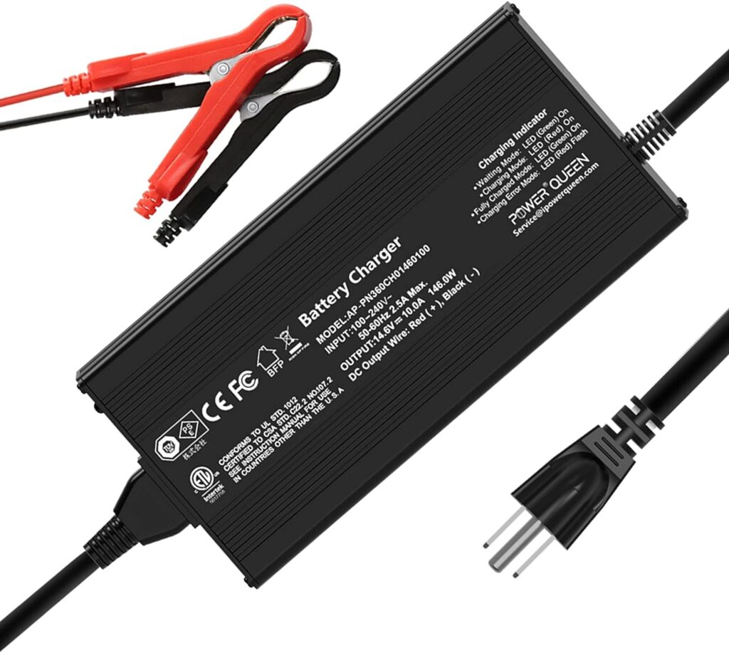 Power Queen 14.6V 10A LiFePO4 Battery Charger, 2-Stage Automatic Smart Battery Charger and Maintenance, LiFePO4 Lithium Batteries Charger, Suitable for 12V (12.8V) Lipo Lithium Iron Phosphate Battery