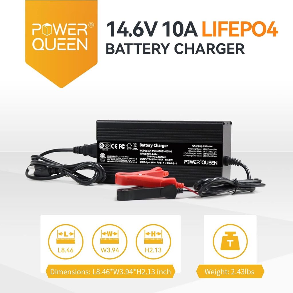 Power Queen 14.6V 10A LiFePO4 Battery Charger, 2-Stage Automatic Smart Battery Charger and Maintenance, LiFePO4 Lithium Batteries Charger, Suitable for 12V (12.8V) Lipo Lithium Iron Phosphate Battery