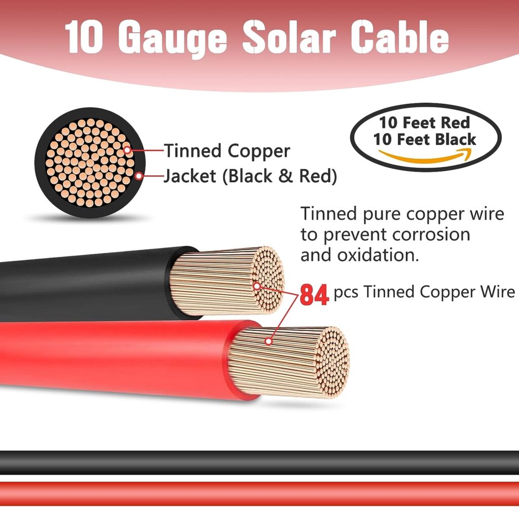 PRECIHW Solar Panel Extension Cable, 10AWG (6mm²) Solar Extension Cable Wire (10FT Red + 10FT Black), PV Extension Cable Wire
