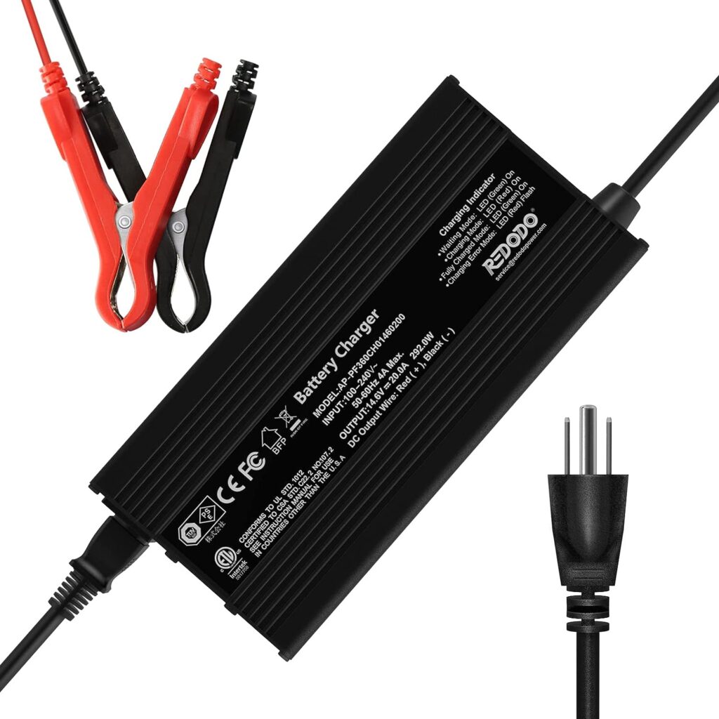 Redodo 14.6V 20A Lifepo4 Battery Charger for Lithium Iron Phosphate Battery, Support Fast Charging, High Charging Efficiency Designed for Deep Cycle LiFePO4 Battery Charging.
