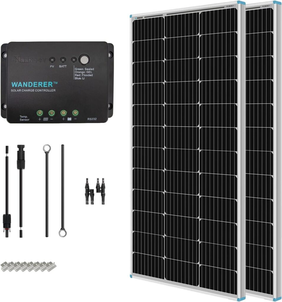 Renogy 200 Watt 12 Volt Monocrystalline Solar Panel Starter Kit with 2 Pcs 100W Solar Panel and 30A PWM Charge Controller for RV, Boats, Trailer, Camper, Marine ,Off-Grid System