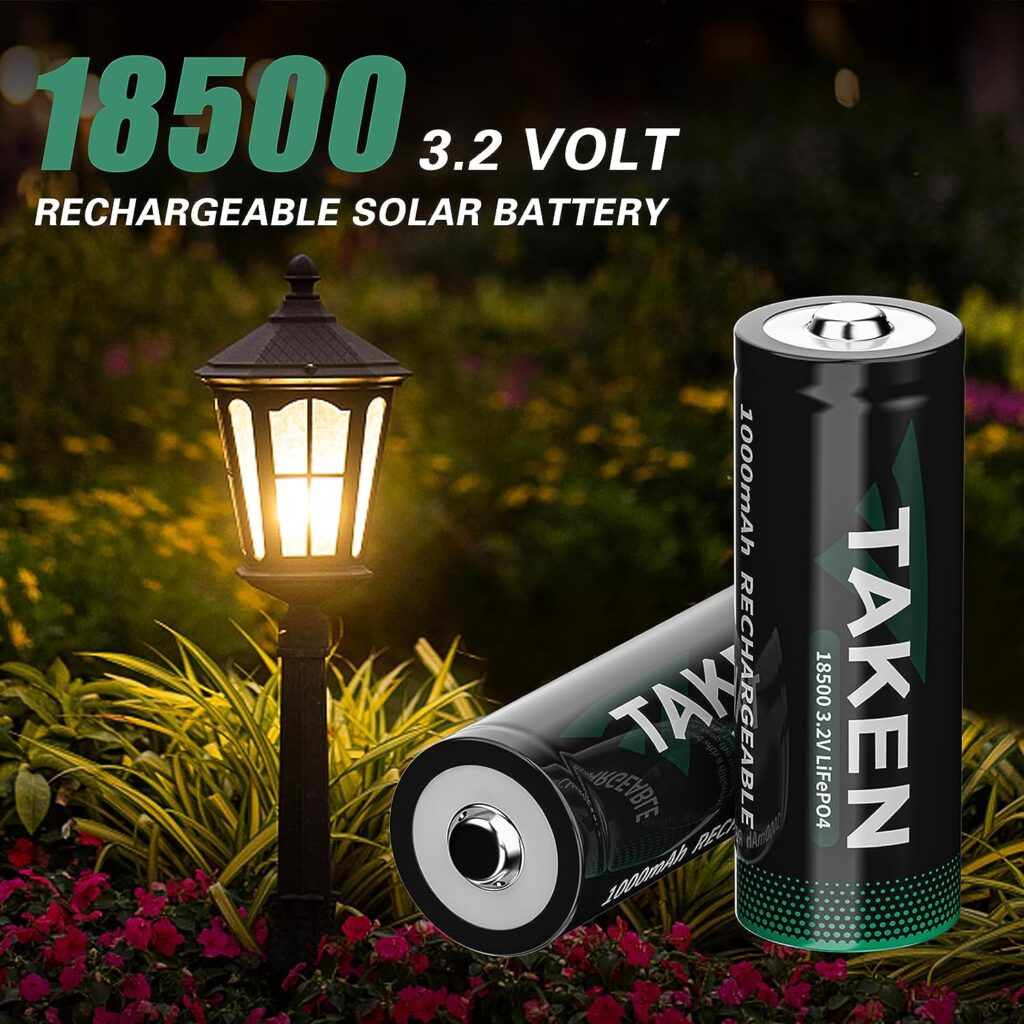 Taken 3.2 Volt Rechargeable Solar Battery, LiFePO4 18500 3.2v 1000mAh Batteries for Outdoor Garden Solar Lights, Home Devices 2 Pack