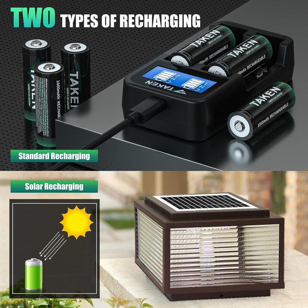 Taken 3.2 Volt Rechargeable Solar Battery, LiFePO4 18500 3.2v 1000mAh Batteries for Outdoor Garden Solar Lights, Home Devices 2 Pack