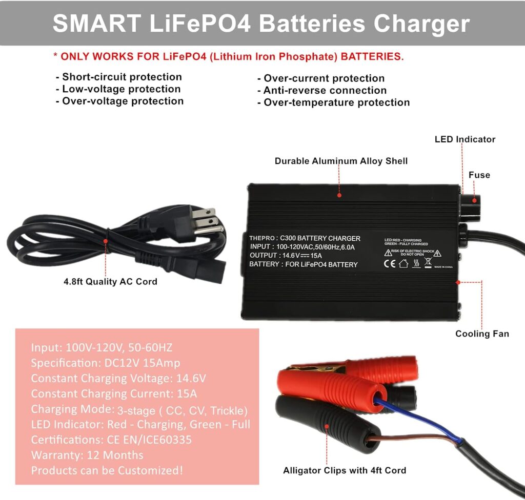 THEPRO 12V 15A LifePO4 Battery Charger 14.6V Smart Charger and Maintainer for Lithium-Iron Deep Cycle Rechargeable Batteries of Car, Truck, Boat, RV, Lawn Tractor and More