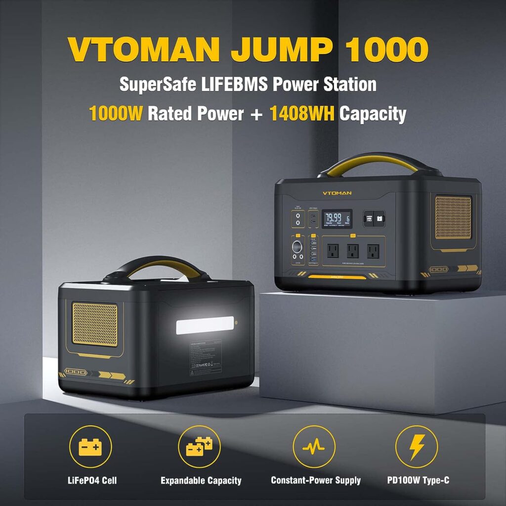 VTOMAN Jump 1000 Solar Generator with Panels Included, 1000W/1408Wh Durable LiFePO4 (LFP) Battery Power Station with 1000W AC Outlet, Regulated 12V DC, 100W PD, for Home Backup  RV/Van Camping