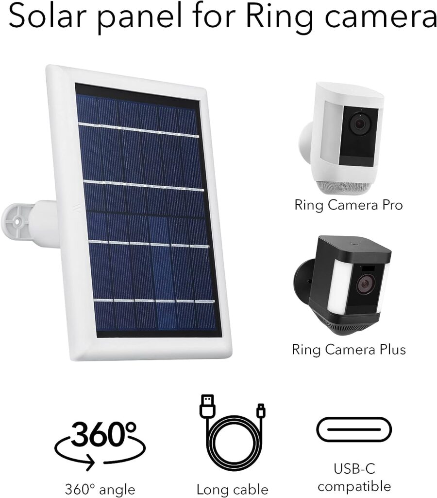 Wasserstein Solar Panel Compatible with Ring Spotlight Cam Plus/Pro/Battery, and Ring Stick Up Cam Battery - Includes Barrel Plug with USB C Adapter - 2W 5V Charging (1-Pack, Black)