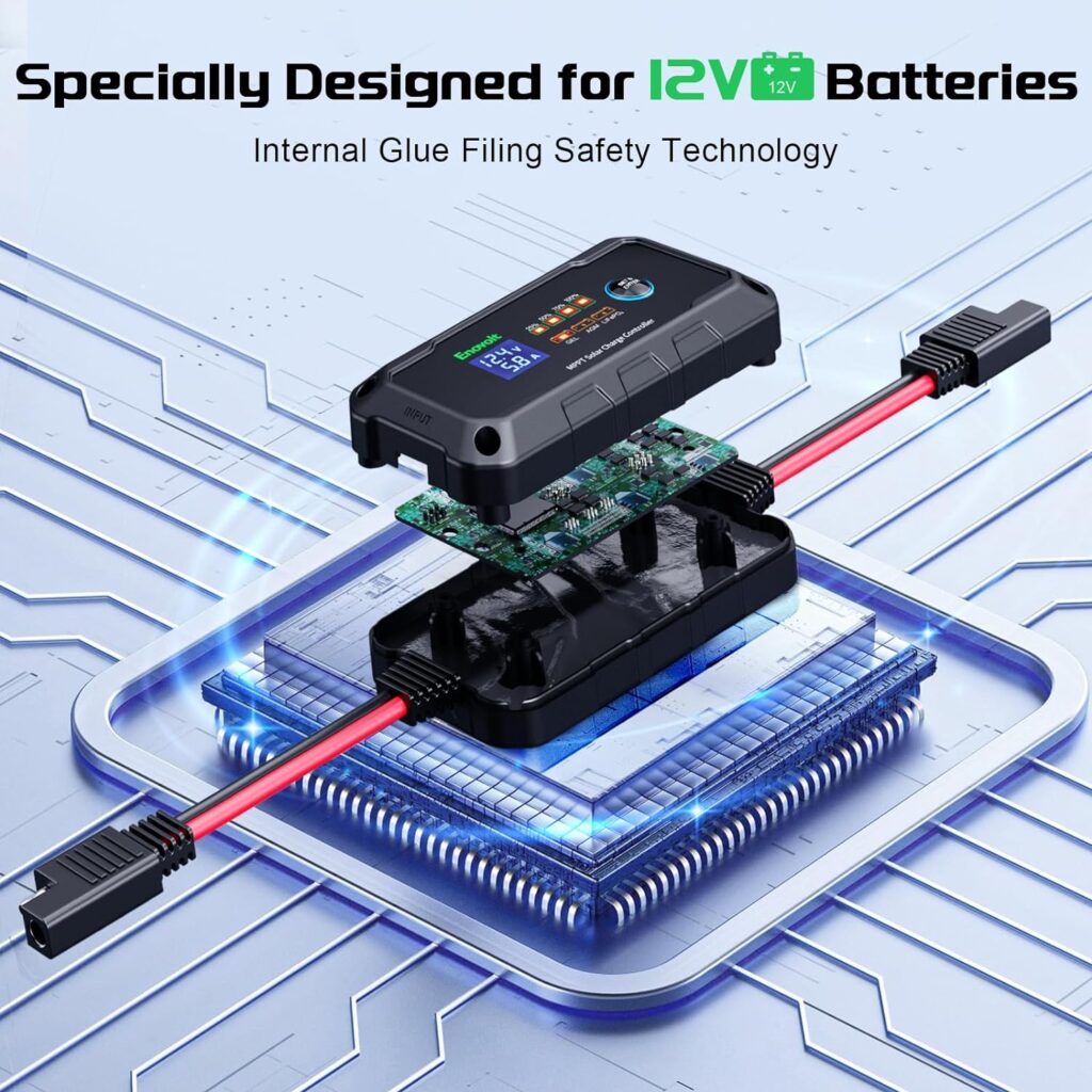 10A MPPT Solar Charge Controller 12V, Enovolt Portable Solar Panel Regulator with Solar Connector, Intelligent Digital LCD Display for Lead-Acid Batteries, Lithium, Foldable Solar Panel (ELF10)