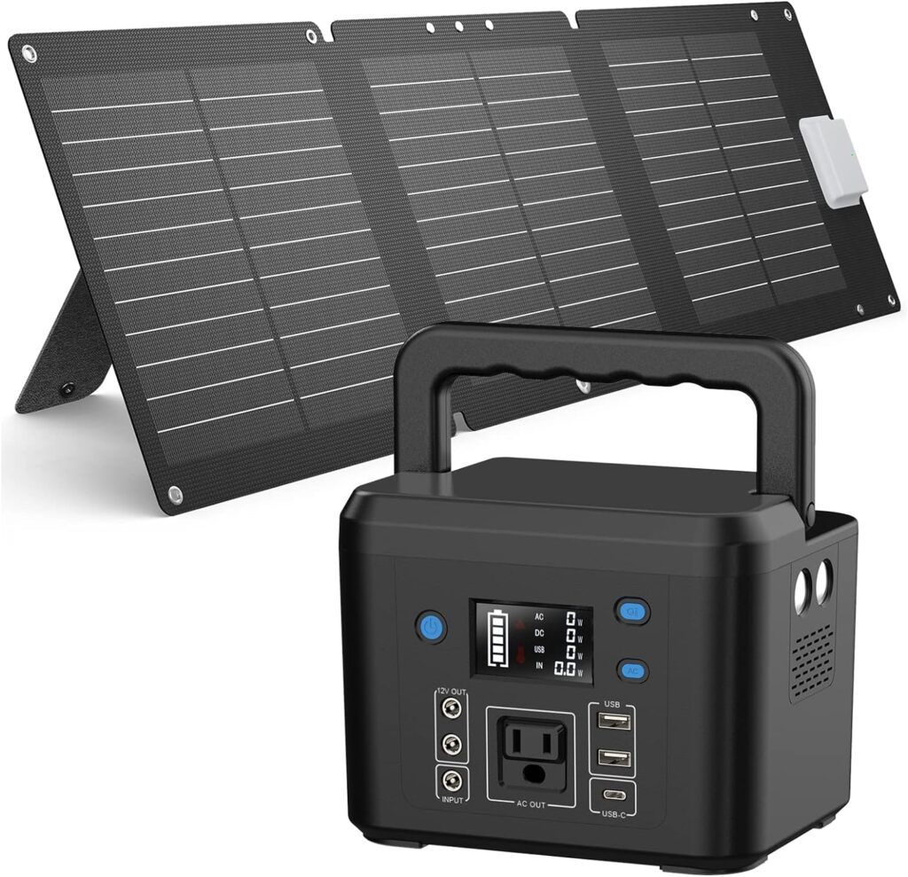 200W Solar Generator Kit, Powkey 60W Solar Panel and 33,000mAh Power Bank with 110V AC Outlet, 6 Outputs Solar Generator External Battery Pack with LED Light for Outdoor Camping