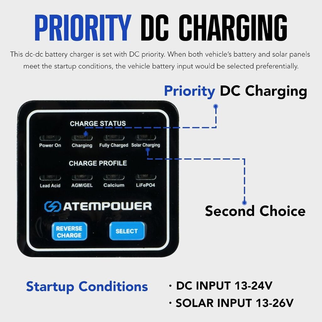 ATEM POWER 40A DC to DC Battery Charger with Anderson Plug Reverse Charge Solar Input MPPT for AGM, Gel, Calcium, Lead Acid, LiFePO4 Batteries of 4WDs, RVs, Campers, Trailers On-Board Charger