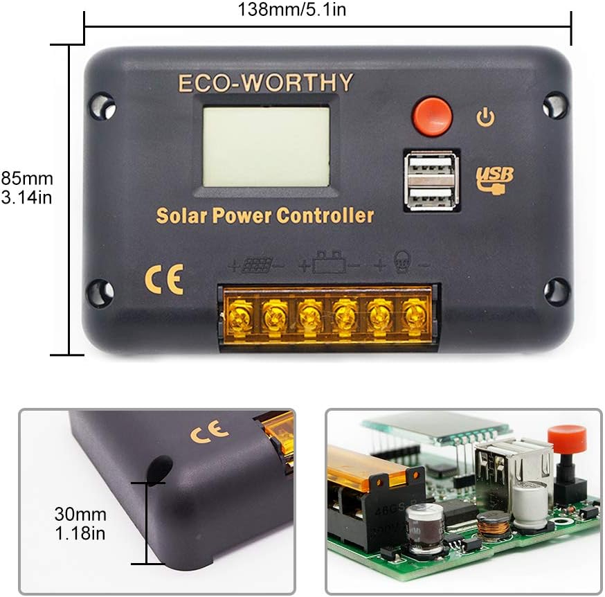 ECO-WORTHY 30A Solar Charger Controller Solar Panel Battery Intelligent Regulator with Dual USB Port Auto 12/24V PWM Positive Ground…
