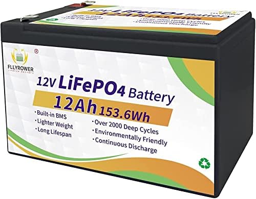 FLLYROWER Lifepo4 12v 12ah Battery with Grade A Cells and Perfect BMS deep Cycle Times up to 10000 for trolling Motor RV Camping Solar System Golf Cart Home appliances Support Series and Parallel