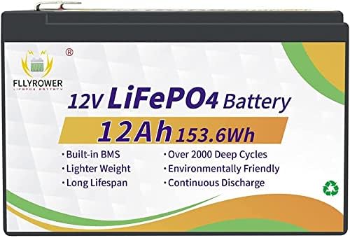 FLLYROWER Lifepo4 12v 12ah Battery with Grade A Cells and Perfect BMS deep Cycle Times up to 10000 for trolling Motor RV Camping Solar System Golf Cart Home appliances Support Series and Parallel