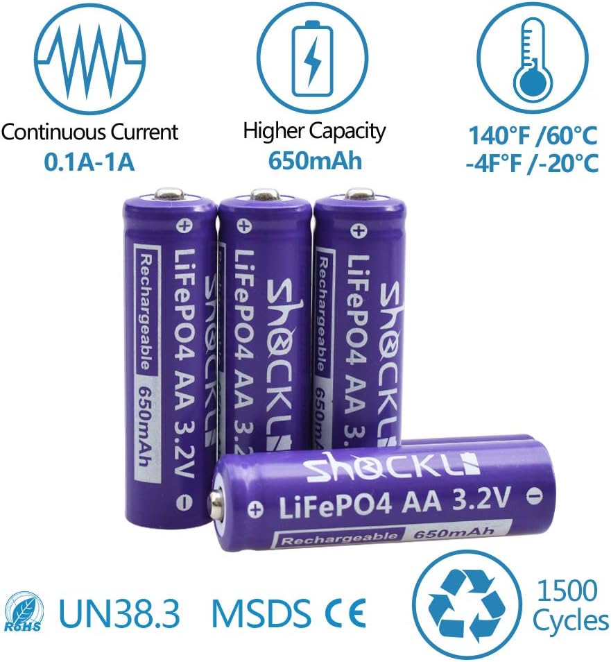 funkawa 4 Pack- Shockli AA Size LiFePo4 650mAh Battery, AA 3.2V Solar Rechargeable Batteries - Ideal for Solar Garden Light