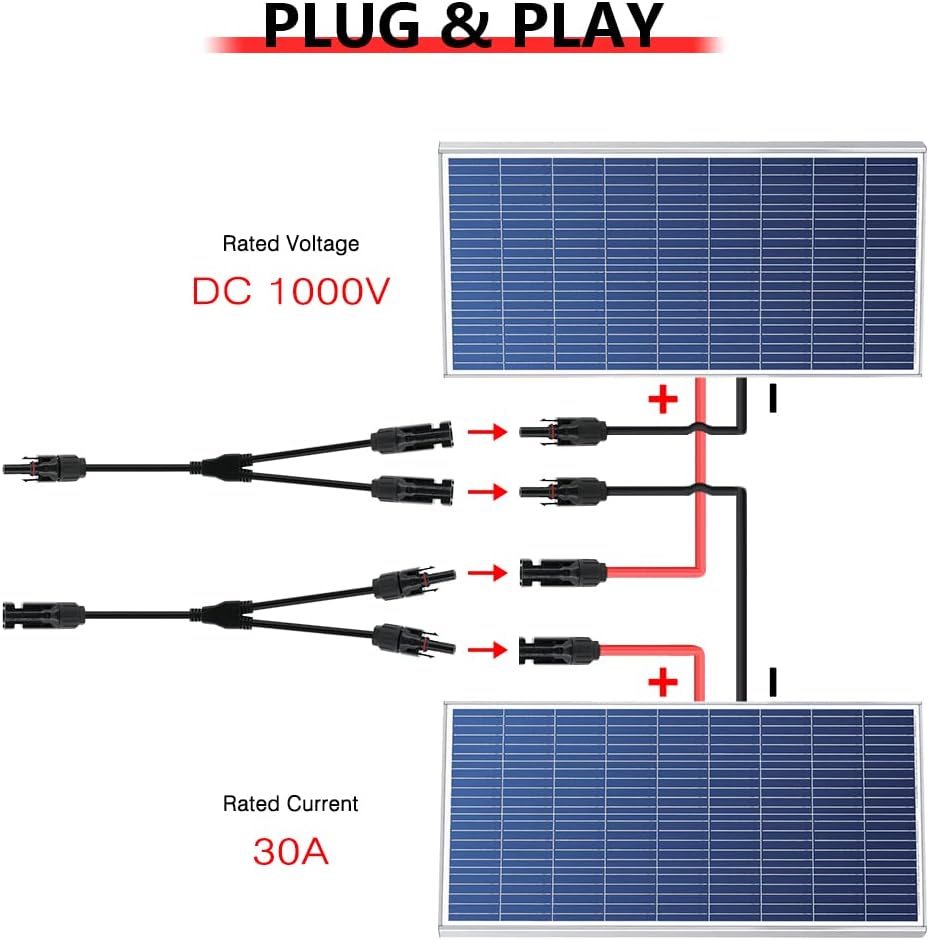 KEDAKEJI 1 Pair Solar Connectors Y Branch Parallel Solar Panel Parallel Connectors 1 to 2 Solar Cable Wire Plug Tool Kit（M/FF and F/MM）