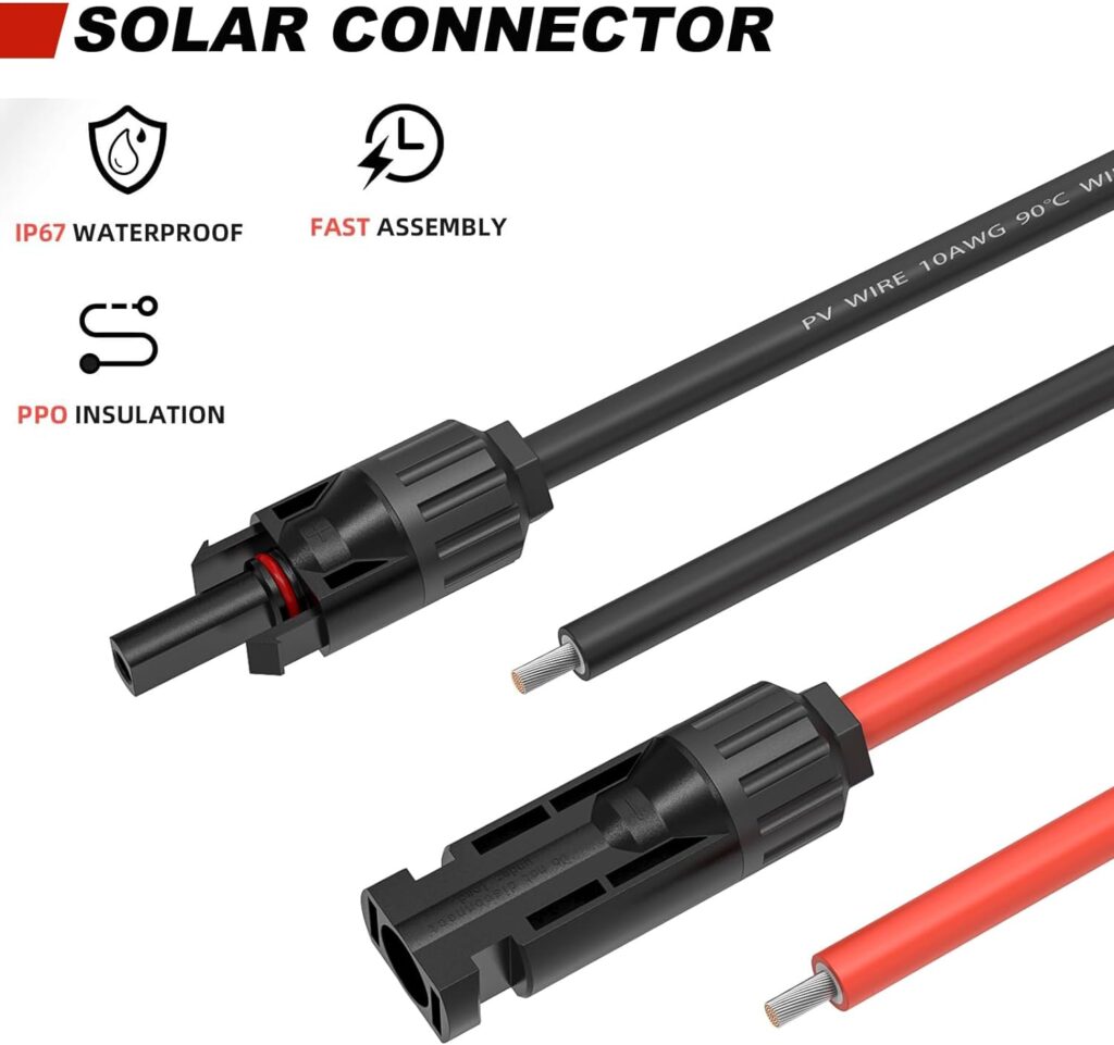 Kohree 20 Feet 10AWG Solar Panel Cable Wire, Solar Extension Cable with Extra Free Pair of Connectors Weatherproof Female and Male Connector Adapter Kit (20FT Red + 20FT Black)