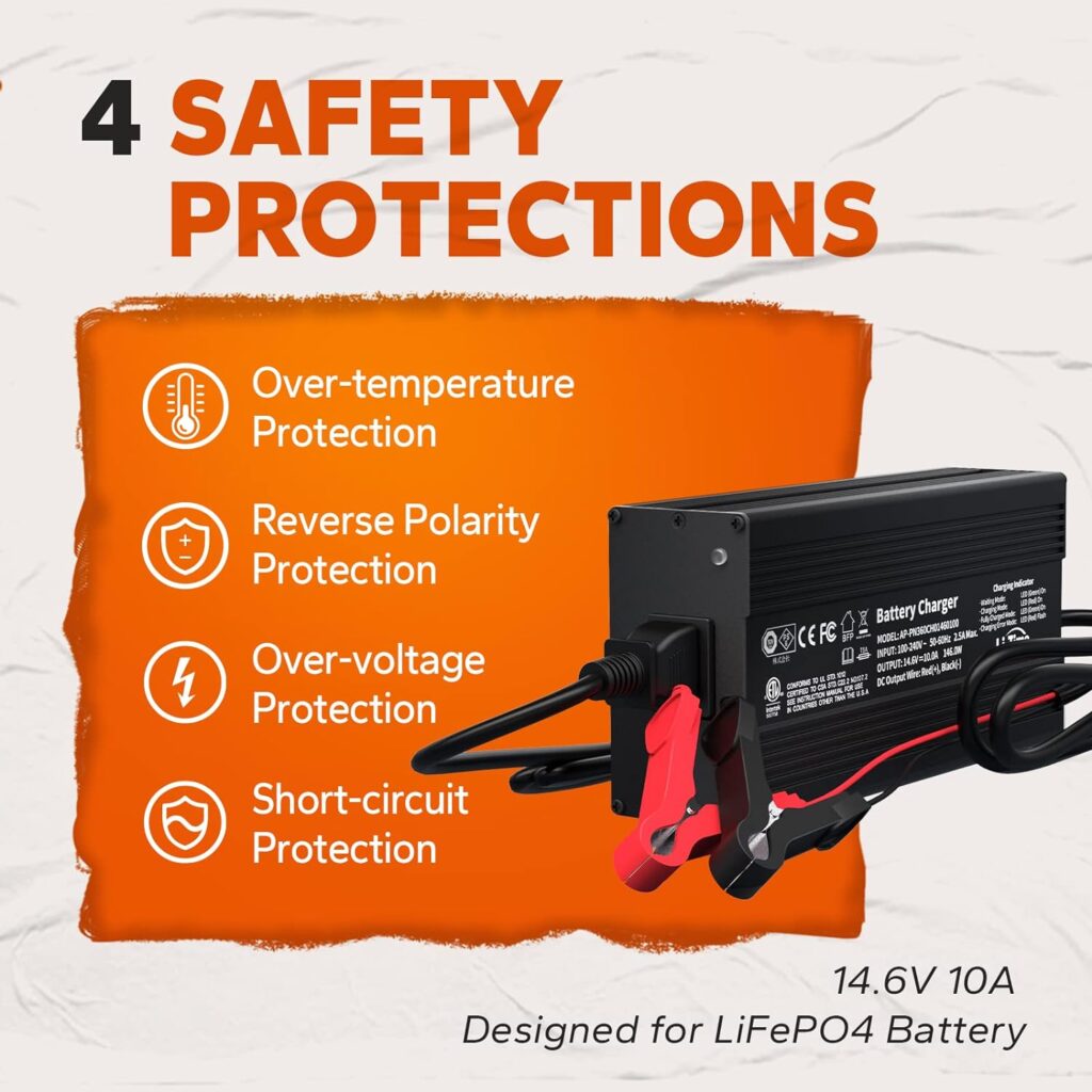 LiTime 14.6V 10A LiFePO4 Battery Charger, Special for 12V LiFePO4 Battery, with LED Indicator, 4 Built-in Safety Protections, Support 0V Charging Function to Reactivate or Repair Long-unused Battery