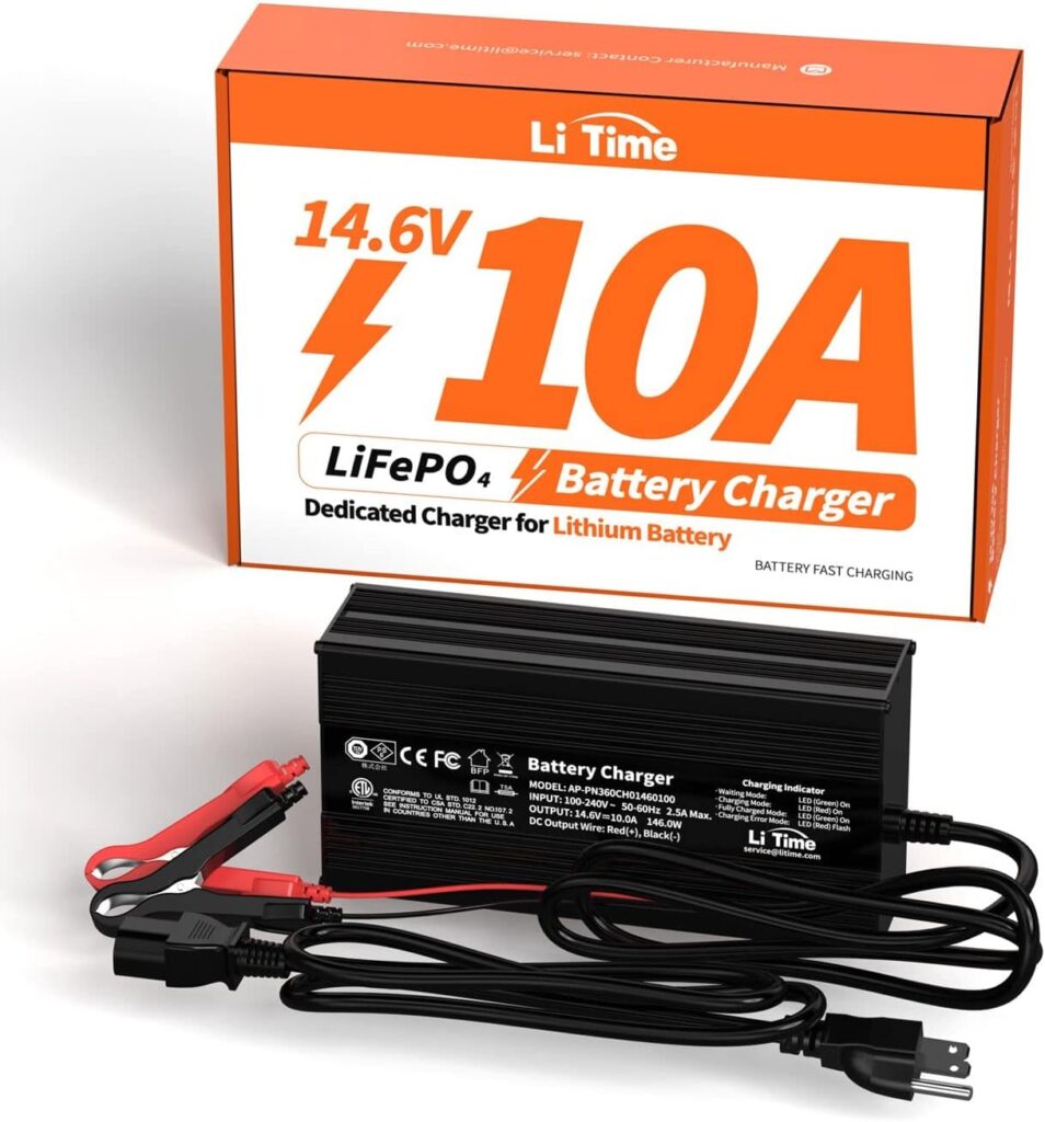 LiTime 14.6V 10A LiFePO4 Battery Charger, Special for 12V LiFePO4 Battery, with LED Indicator, 4 Built-in Safety Protections, Support 0V Charging Function to Reactivate or Repair Long-unused Battery