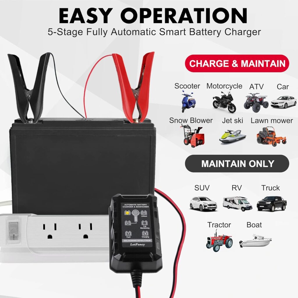 LotFancy 6V 12V 1.5A Battery Charger and Maintainer, Smart Trickle Charger for Lithium (LiFePO4), Lead Acid Battery, Automatic Float Charger for Car, Marine, Deep Cycle, AGM, Gel, SLA